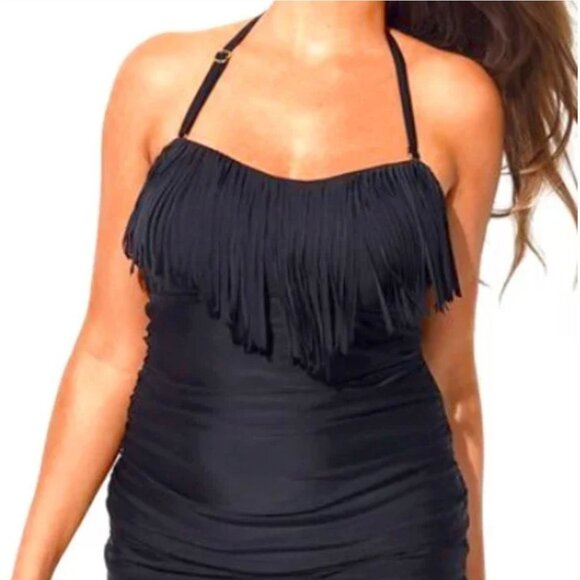 Fringe Bandeau Tankini TOP Swimsuits For All Black Women's Szie 18 New with Tags - Picture 1 of 4